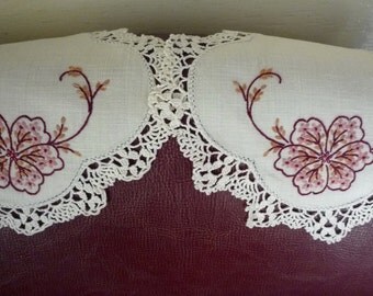 c1950s vintage linen doilies set of two hand emroidered