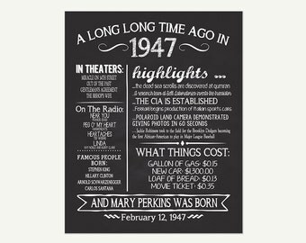The Year 1947, Personalized 70th Birthday Printable Poster, Printable 70th Birthday Sign, Fun Facts 1947, 70th Birthday Gift, Digital File