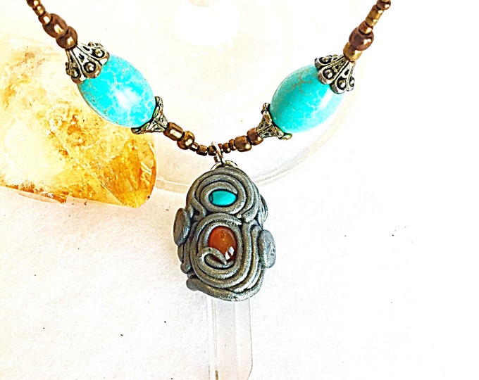 Turquoise, Orange Carnelian, Citrine, Crystal Quartz Point Silver Tribal Necklace, Crystal Pendant on Seed Beads, Protecting