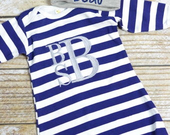 Baby boy monogrammed gown, baby boy take home outfit, monogrammed outfit navy stripe boys layette - Baby boy gift set, baby shower gift