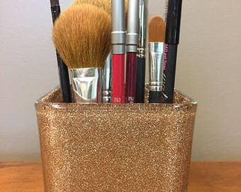 4" Glitter Makeup Brush Holder, Gold, Glitter, Square Vase, Libbey, Makeup Brushes, Sealed Glitter, Teal Glitter, Gifts under 20