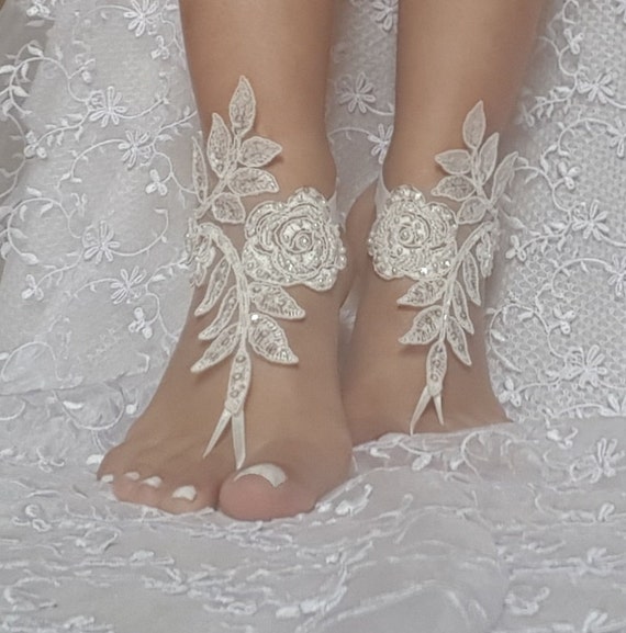 Free ship ivory Barefoot Sandals french lace Nude shoes Gothic wedding sandals beaded pearl beach wedding shoe bridal shoes