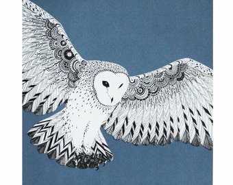 Owl screen print, hand printed barn owl in flight, printed in blue white and black, limited edition print