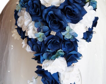 Cascade Wedding Bouquet: Light Navy Blue and White Artificial Flowers
