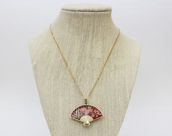 Japanese Fan Necklace - Vintage 1960s Cloisonne Enamel Fan Pendant