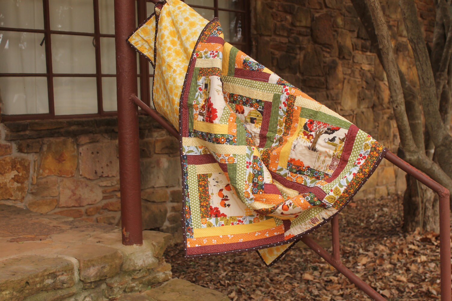 Autumn Log Cabin Lap Quilt featuring Moda Farmyard