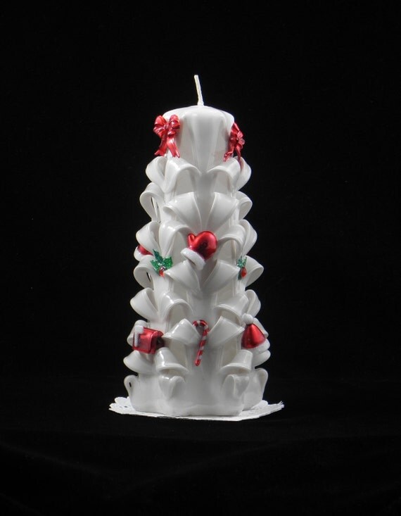 Hand Carved Candle White and Frost Christmas Tree Carve with