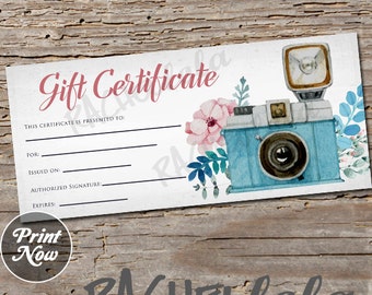 Floral Camera, Gift Certificate, printable, instant download