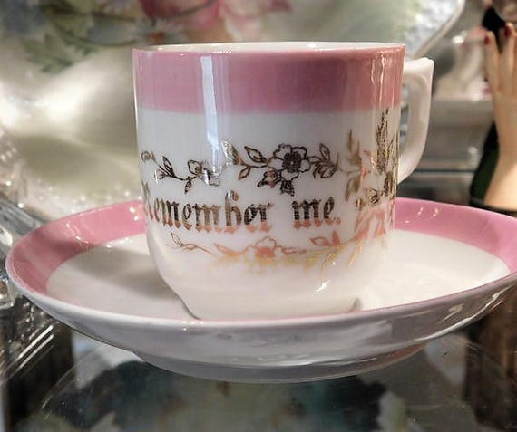 Remember Me Demitasse Cup Saucer Pink Lustre Lusterware Gold Gilt Flowers Made in Germany Porcelain Souvenir Art Deco Cottage Home Decor