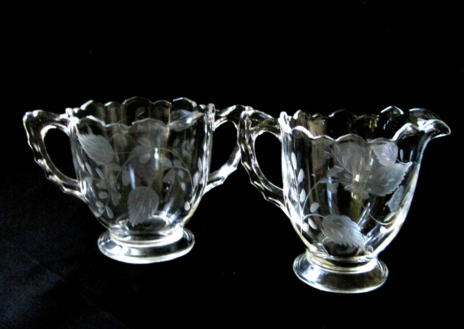 Fostoria Crystal Etched Cream and Sugar c. 1940s Elegant