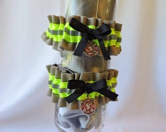 Firefighter wedding garter set of two, With optional embroidered name added to Garter, Tan bunker gear look