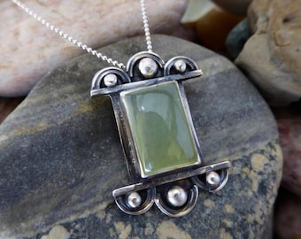 Prehnite necklace, sterling silver Prehnite Pendant, art deco necklace, prehnite jewelry, Mod Pendant, Geometric Jewelry, Gift Idea!