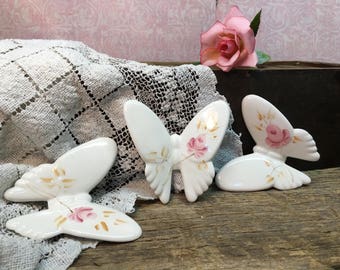 Vintage Porcelain Butterflies/Hand Painted/Lasting Products/Pink Roses/Set of Three
