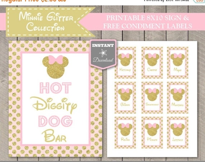 SALE INSTANT DOWNLOAD Pink & Gold Glitter Mouse Printable 8x10 Hot Diggity Dog Bar Sign / Free Condiment Labels / Glitter Collection / Item