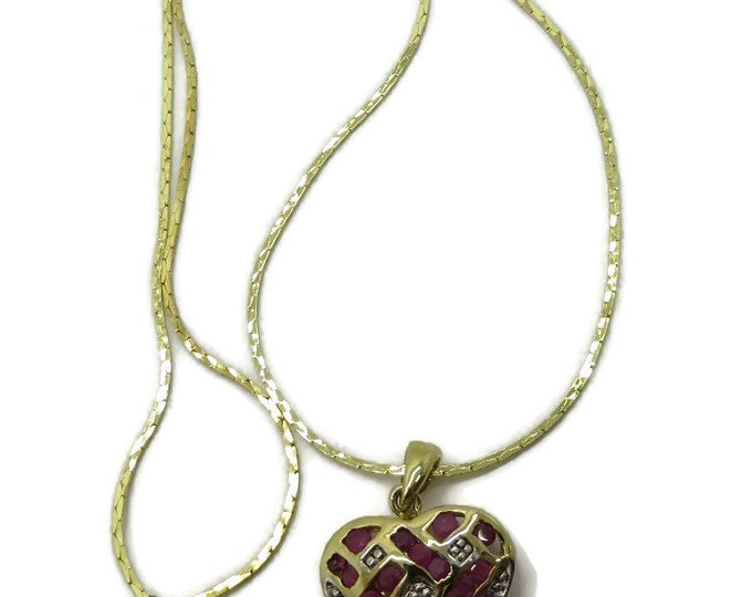 Ruby and Diamond Heart Pendant, Gold Plated Sterling Silver Pendant with Cobra Chain