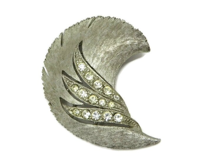 JJ Silver Tone Rhinestone Leaf Brooch, Matte Silvertone Pin, Bridal Jewelry