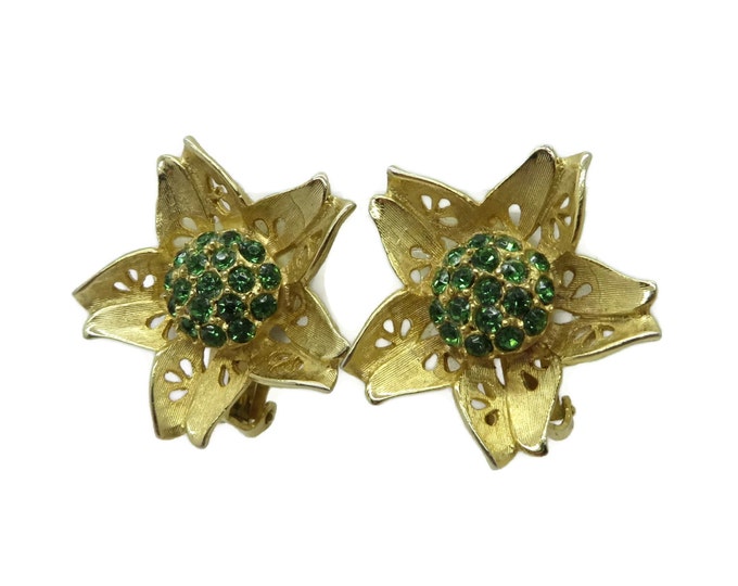 WEISS Green Rhinestone Gold Tone Flower Earrings, Vintage Clip-ons