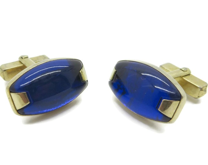 Vintage Men's Cufflinks, Cobalt Blue Cabochons Gold Tone Cuff Links, Men's Suit Accessory