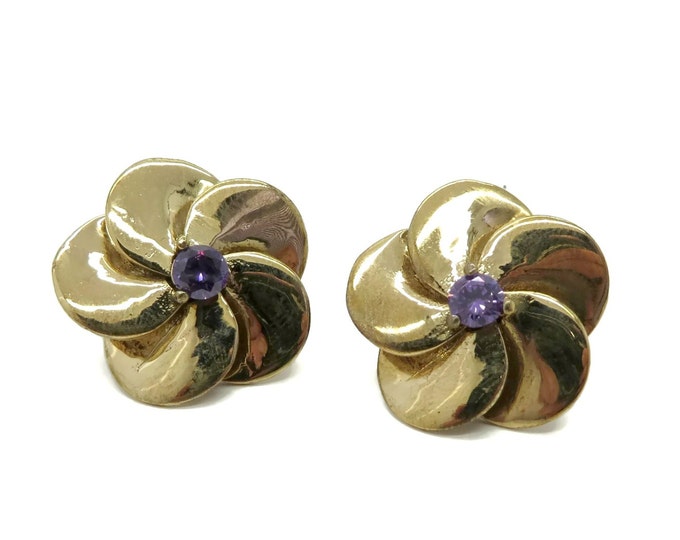 Vintage Sterling Silver Pansy Earrings | Vintage Faux Amethyst Flower Earrings | Huggie Pierced Earrings