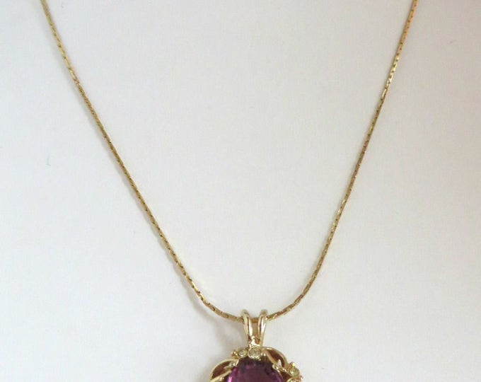 Amethyst Glass Gold Tone Pendant, Vintage Korean Necklace