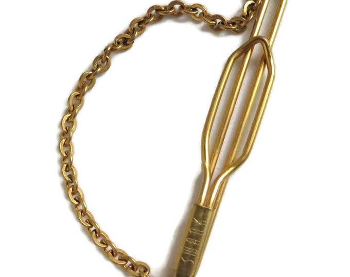 Swank Tie Bar with Pendant Chain, Vintage Gold Tone Tie Clasp