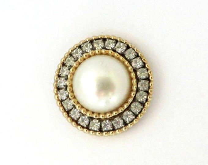 Vintage Faux Pearl Rhinestone Scarf Slide, Round Gold Tone Clip, Scarf Accessory