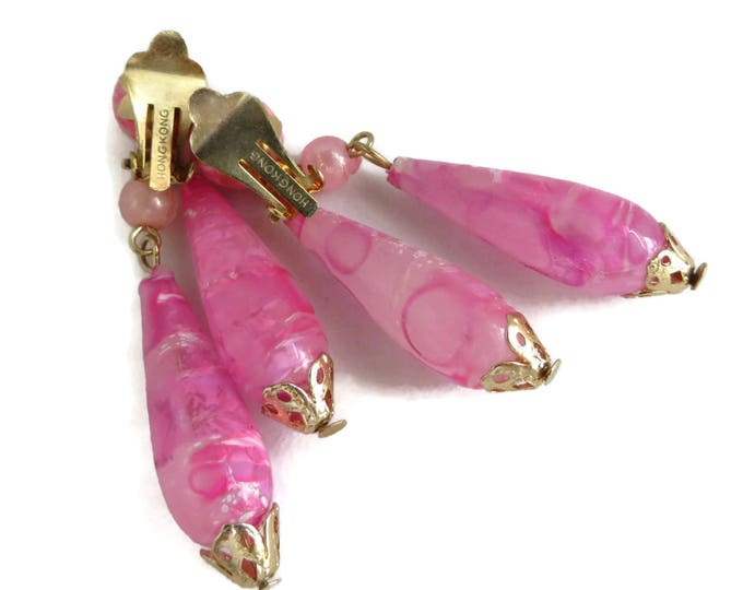 Pink Hong Kong Dangling Earrings, Vintage Teardrop Clip-ons Costume Jewelry Gift Idea