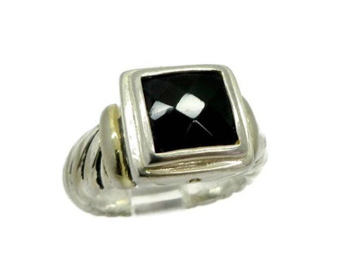 Vintage Black Gemstone Sterling Silver Ring, Faceted Spinel, Scrolled Band Ring, Size 5.5