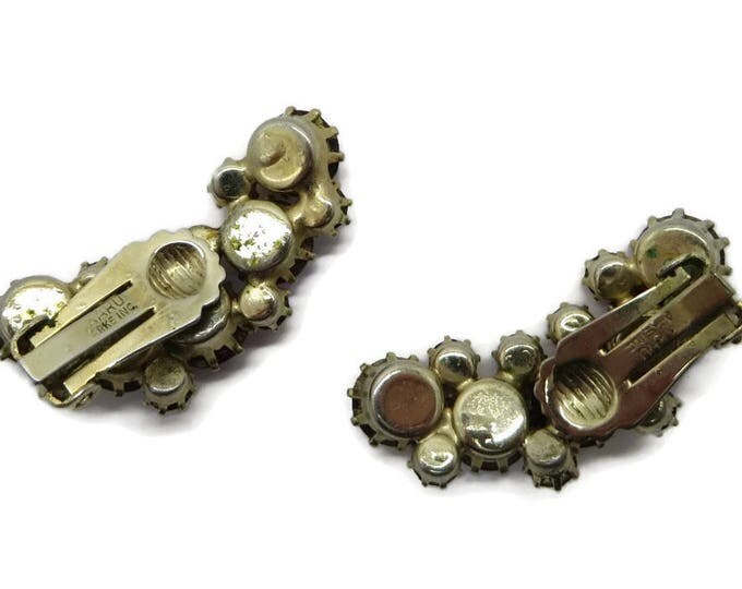 Red Rhinestone Earrings - Vintage Signed Karu Arke Clip-on Earrings, Bridal Jewelry, Formal Wear, Perfect Gift, Gift Box