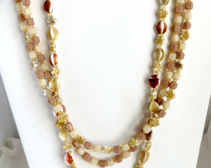 Cream Beaded Triple Strand Necklace, Vintage Costume Jewelry Glass Bead Necklace