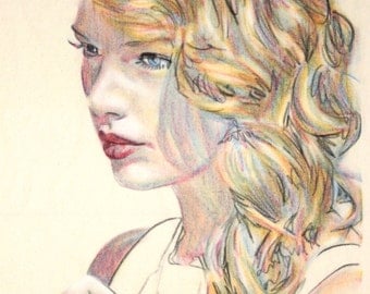Original hand drawn portrait of Taylor Swift, in charcoal and pastel on calico