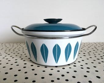 Vintage Cathrineholm Lotus Pot, Blue Lotus Pot, Catherineholm Lotus Pot, Blue and White Lotus Pot, Midcentury Modern Enamelware, Teal Lotus
