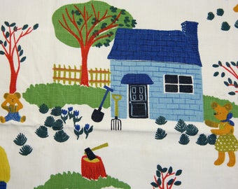 Farmer teddy bear BOUSSAC ROMANEX cotton novelty fabric coupon - children bedroom nursery decor - French 60s vintage