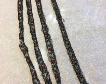 Vintage Edwardian Lace/Edwardian Red and Black Seed Bead Lace/Black Net Lace with Seed Beads/Antique Lace/Vintage Lace