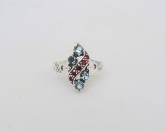 Vintage Sterling Silver Aquamarine & Garnet Ring Size 6
