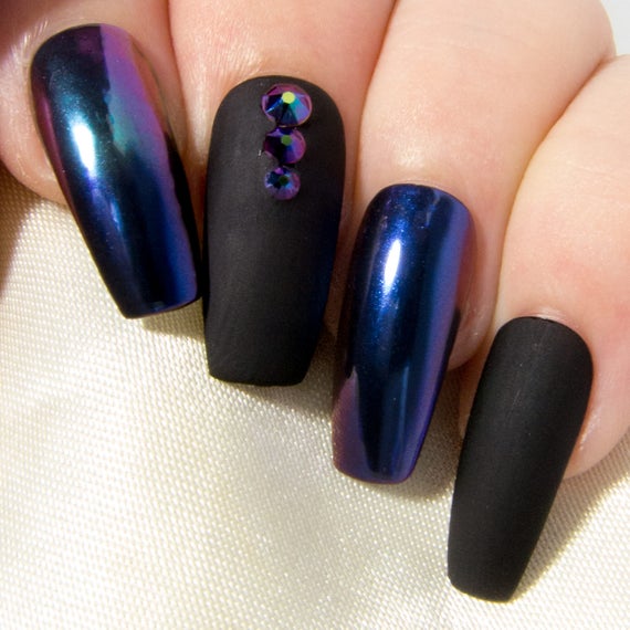 Matte Black & Chrome Nails Ombre Mirror Nails Coffin False