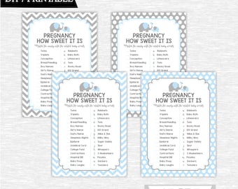 Instant Download Blue Grey Boy Elephant Baby shower Game, Pregnancy How Sweet It Is DIY Printable (PDEL502)