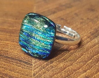 Kiln-fused ring in blue green on black dichroic glass/Handcrafted dichroic glass ring on silver band/Handmade square fused glass ring