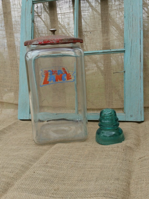 Items similar to Large Vintage Glass Lance Snack Counter Jar with Red