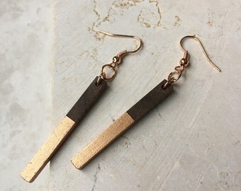 5th Anniversary Gift - Gold Wood Dangle Earrings - Painted Wood Earrings - Portland Jewelry - Wood Bar Earrings - Reclaimed Gift for Her