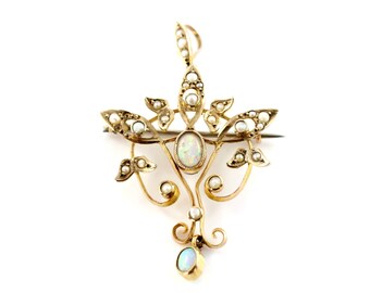 Antique Opal and Pearl Pendant, Seed Pearl and Opal Brooch, Edwardian Opal Pearl Pendant Brooch, Gold Pendant Brooch, Antique Jewellery