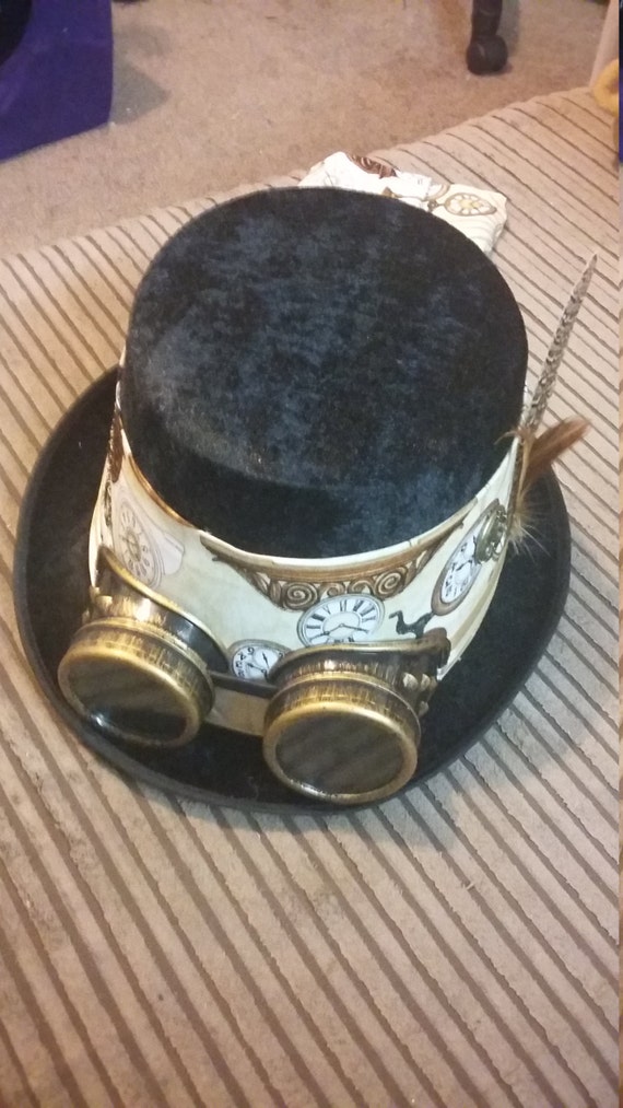 Steampunk Top Hat with Clockwork fabric and goggles by TheClockworkTeaParty steampunk buy now online