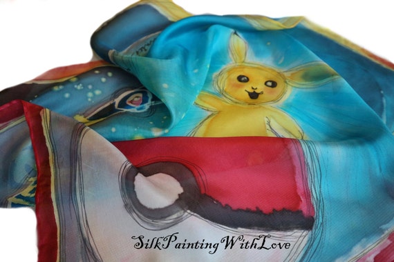 Handpainted silk scarf. Cosplay Pikachu Pokemon go scarf