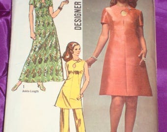 70s Vtg Mod A Line Dress in 2 Lengths 3 Views w Keyhole Neckline n Pants COMPLETE Simplicity Designer Pattern 9014 Bust 38 Inches 97 Metric