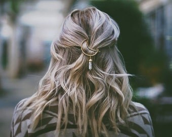 Crystal Moon Hair Clip- Golden Barette Clear Rock Stone Tumblr Accessory Womens Jewellery Unique Handmade Jewelry Boho Hippie Bohemian Hip