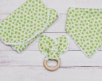 Spring Frogs New Mom Gift Basket, New Baby Gift Basket, Pregnancy Gift Basket, Wooden Teething Ring, Burp Cloth Set, Bibdana, New Mom Gift