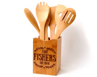 Bamboo Kitchen Utensil Holder - Custom Gift for Bride & Groom - Personalized Wedding Gift