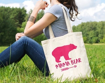 Mama Bear Canvas Tote Bag - Pink New Mom Gift
