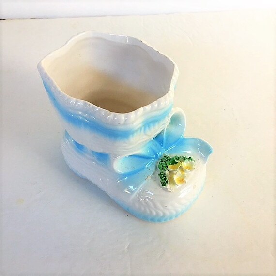 Vintage Ceramic Baby Shoe Planter Baby Room Decor Blue and