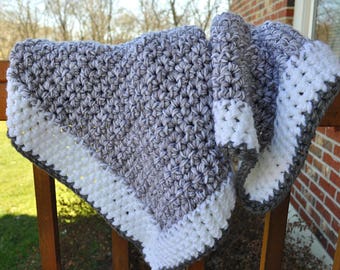 FREE SHIPPING-Crochet Baby Blanket- Beautiful Gray and White Blanket - Made with Two Strands of Soft Cotton Yarn for more Structure